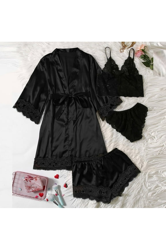 Womens Silk Robes, Lace Sexy Solid Color Comfy Satin Bathrobe 4 Piece Sleepwear Pajamas Black M