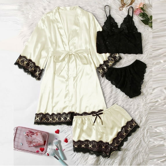 ITSAME Womens Silk Robes, Solid Color Lace Sexy Comfy Satin Bathrobe 4 Piece Sleepwear Pajamas Beige S