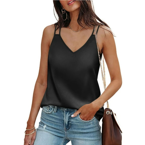 ITSAME Womens Silk Satin Tank Tops, Sleeveless Spaghetti Strap V Neck Dressy Flowy Cami Blouses Black M