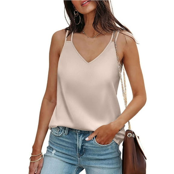 ITSAME Womens Silk Satin Tank Tops, V Neck Spaghetti Strap Sleeveless Dressy Flowy Cami Blouses Beige XL