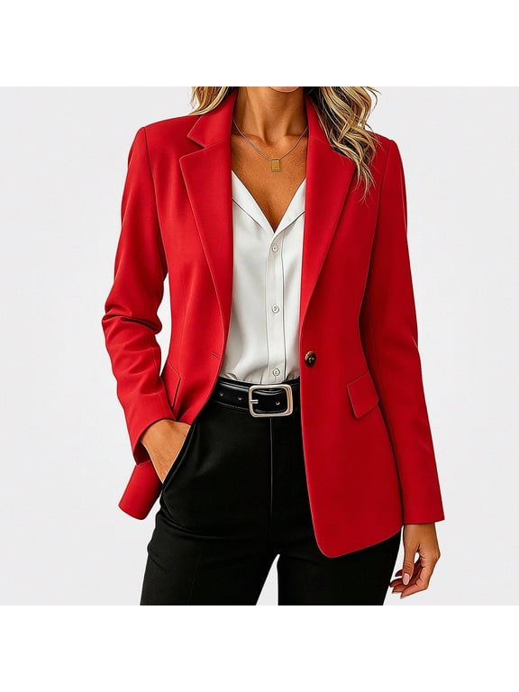 Womens Single Button Blazer Notched Lapel Long Sleeve Business Casual Suit Jacket with Pockets Red Size L