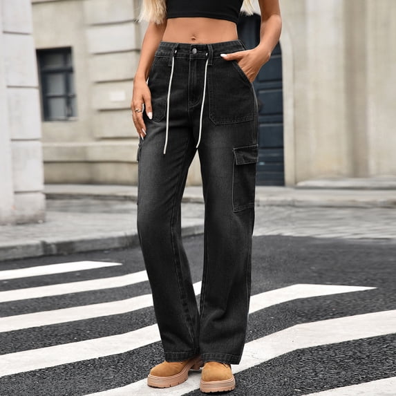 ITSAME Womens Straight Leg Cargo Jeans Drawstring High Waist Multi-Pocket Trendy Casual Denim Pants Black Size S
