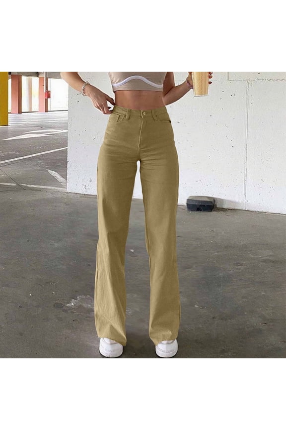 Womens Straight Leg Jeans, Classic Fit with Pockets High Waisted Stretch Fashion Denim Trousers Khaki L