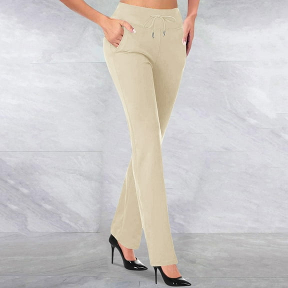 ITSAME Womens Straight Leg Pants, Casual Business High Waisted Pull-On Slim Flare Trousers Beige M