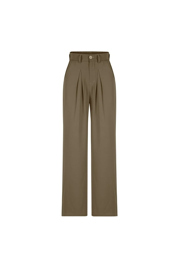 Womens Straight Leg Pants, Comfy Loose Relxed Fit High Waisted Casual Work Office Trousers Khaki L