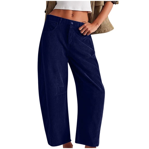 ITSAME Womens Straight Leg Pants Cotton Elastic Waist Loose Fit Comfy Casual Pants with Pockets Dark Blue Size XS