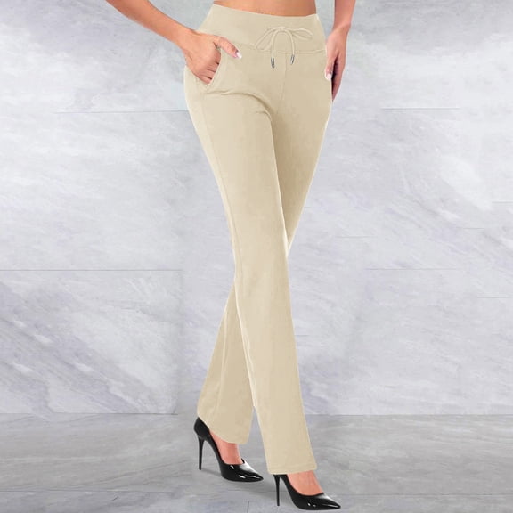 ITSAME Womens Straight Leg Pants, High Waisted Casual Business Pull-On Slim Flare Trousers Beige XL