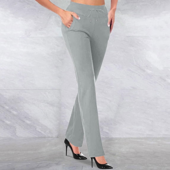 ITSAME Womens Straight Leg Pants, High Waisted Casual Business Pull-On Slim Flare Trousers Gray L