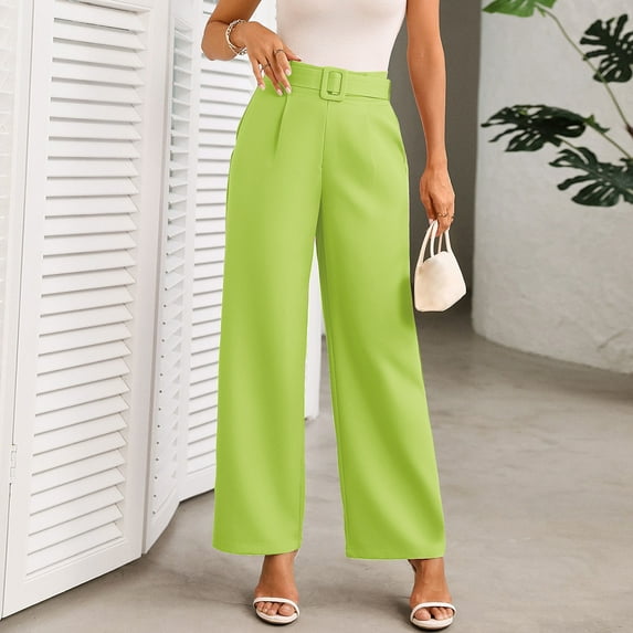 ITSAME Womens Straight Leg Pants, High Waisted Pull-On Loose Casual Trousers with Belt Green M