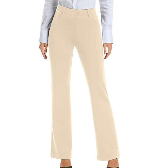 ITSAME Womens Straight Leg Pants, High Waisted Pull-On Relxed Fit Elegant Casual Business Trousers Khaki 2XL