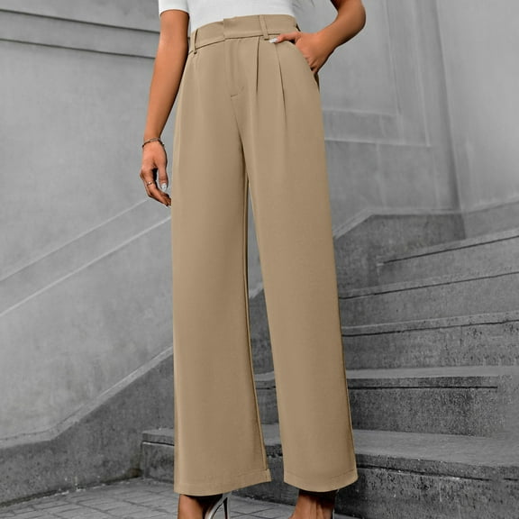 ITSAME Womens Straight Leg Pants, Loose Comfy High Waisted Pull-On Casual Business Trousers Khaki S