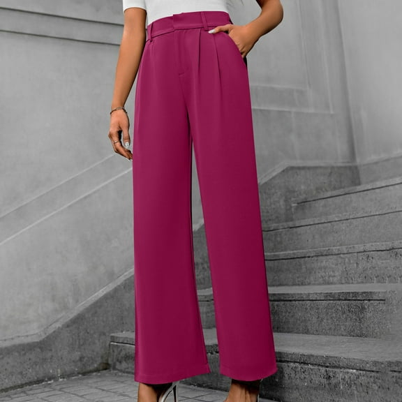 ITSAME Womens Straight Leg Pants, Loose Comfy Pull-On High Waisted Casual Business Trousers Hot Pink XS