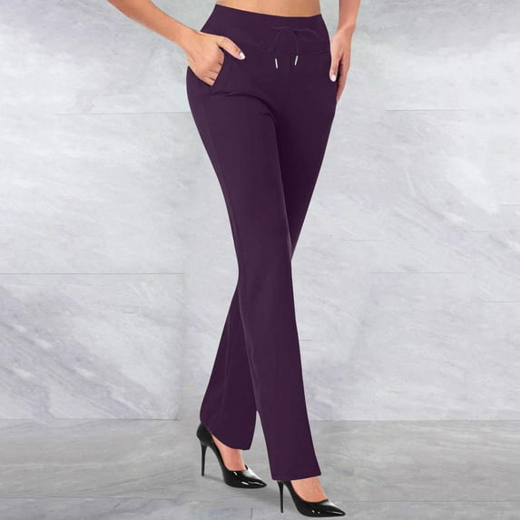 ITSAME Womens Straight Leg Pants, Pull-On Casual Business High Waisted Slim Flare Trousers Purple 2XL