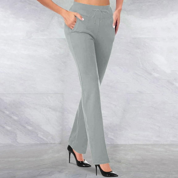 ITSAME Womens Straight Leg Pants, Pull-On High Waisted Casual Business Slim Flare Trousers Gray 2XL