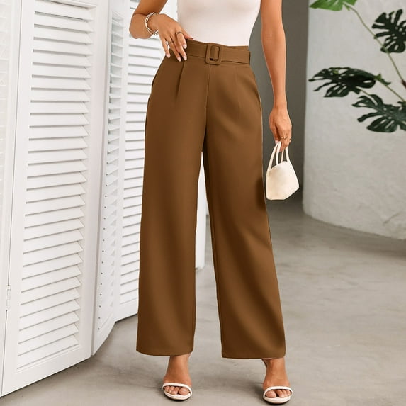 ITSAME Womens Straight Leg Pants, Pull-On Loose High Waisted Casual Trousers with Belt Coffee L