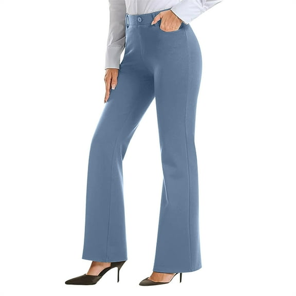 ITSAME Womens Straight Leg Pants, with Pockets Relxed Fit High Waisted Elegant Casual Business Trousers Sky Blue XL