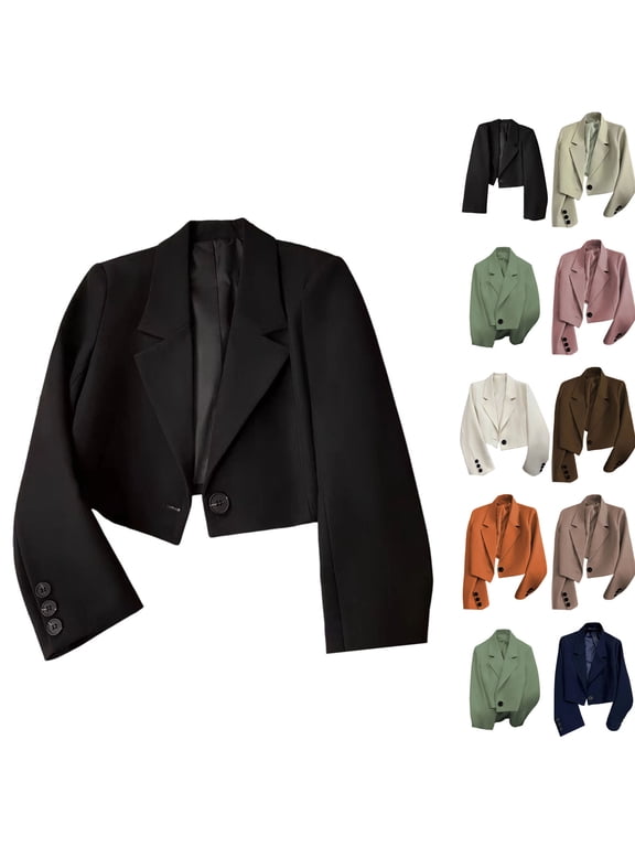Womens Suit Jacket Button Long Sleeve Lapel Coat Ladies Business Casual Outerwear Navy Size S