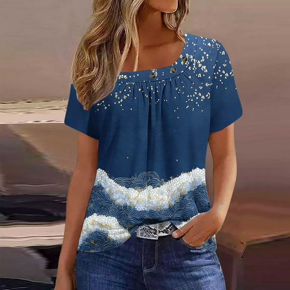 ITSAME Womens Summer Blouse, Floral Short Sleeve Buttons Square Neck Pleated Casual Dressy Tops Navy XL