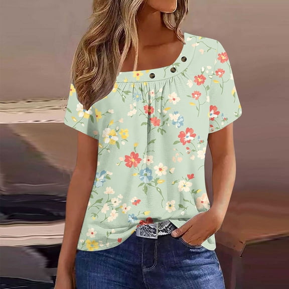 ITSAME Womens Summer Blouse, Short Sleeve Floral Buttons Square Neck Pleated Casual Dressy Tops Green XL
