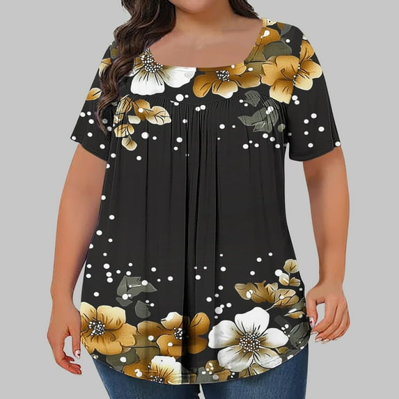 ITSAME Womens Summer Plus Size Blouse, Square Neck Casual Comfy Short Sleeve Floral Pleated T-Shirt Black 4XL