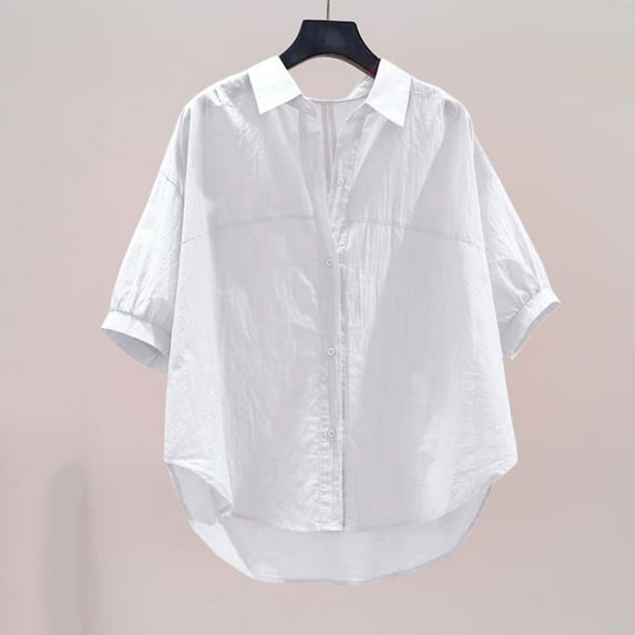 ITSAME Womens Summer Shirt, Lapel Solid Color Buttons Short Sleeve Daily Dressy Blouse White XL