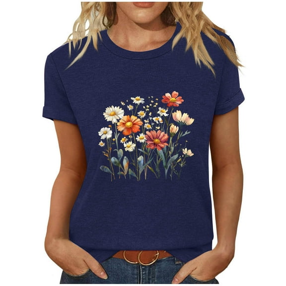 ITSAME Womens Summer T-Shirt, Graphic Crew Neck Short Sleeve Summer Casual Pullover Tees Dark Blue XL