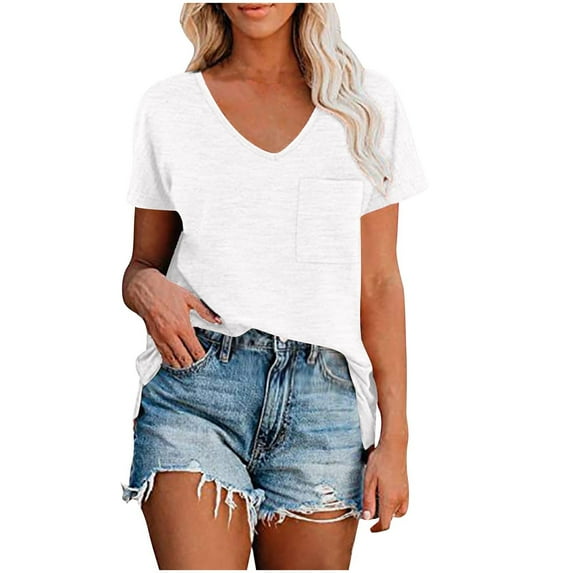 ITSAME Womens Summer T-Shirt, Short Sleeve V Neck Loose Solid Color Casual Pullover Basic Tees White XL