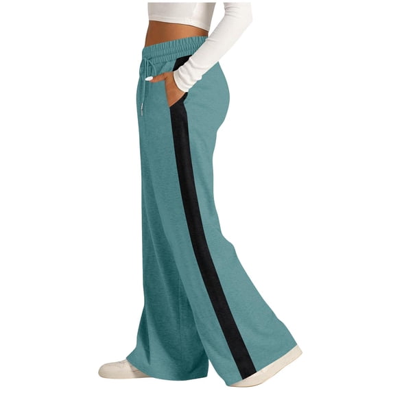 ITSAME Womens Sweatpants with Pockets, Straight Leg Fashion Striped Drawstring Casual Workout Pants Light Blue S