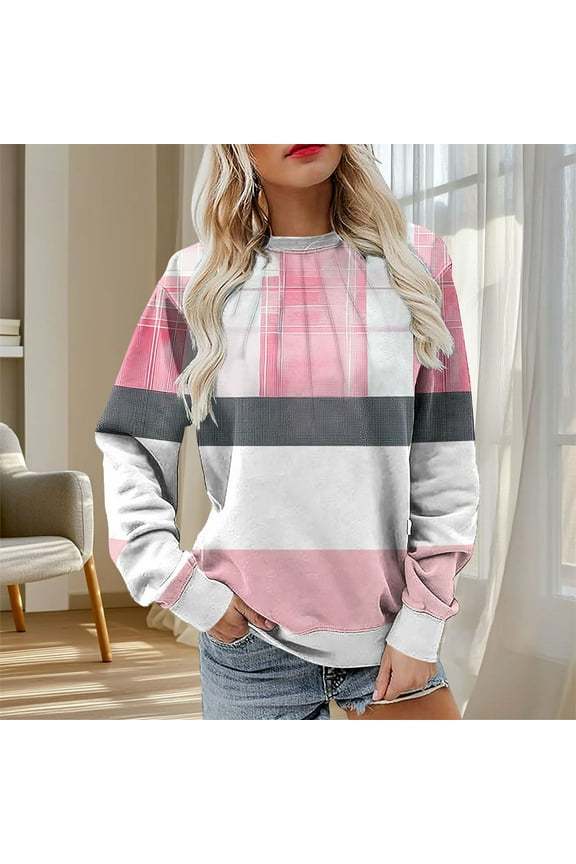 Womens Sweatshirt, Long Sleeve Pleated Crewneck Color Block Checked Fashion Casual Pullover Tops Pink 3XL