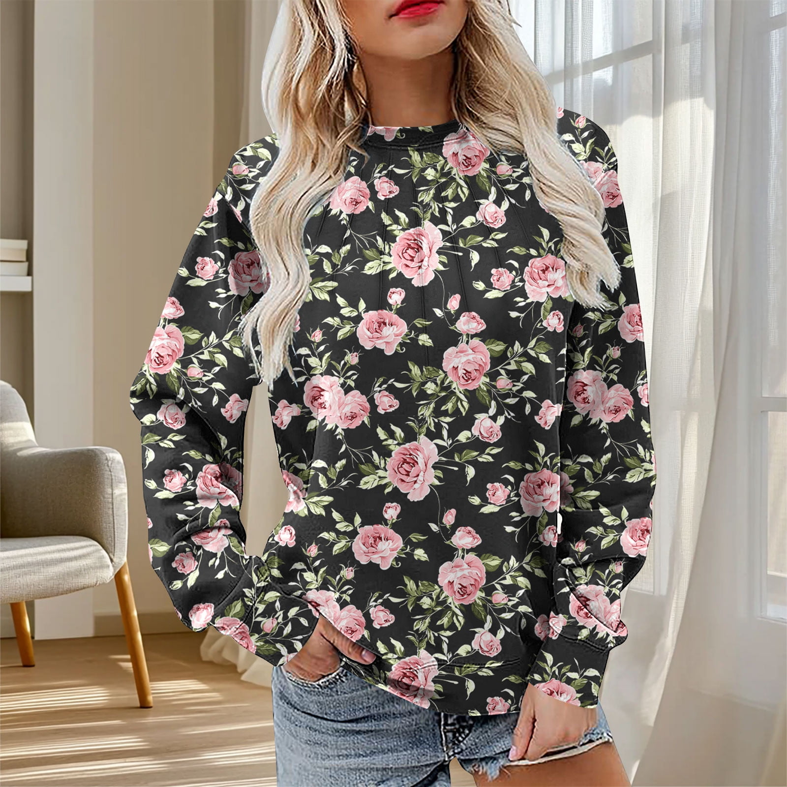 ITSAME Womens Sweatshirt, Pleated Crewneck Floral Graphic Long