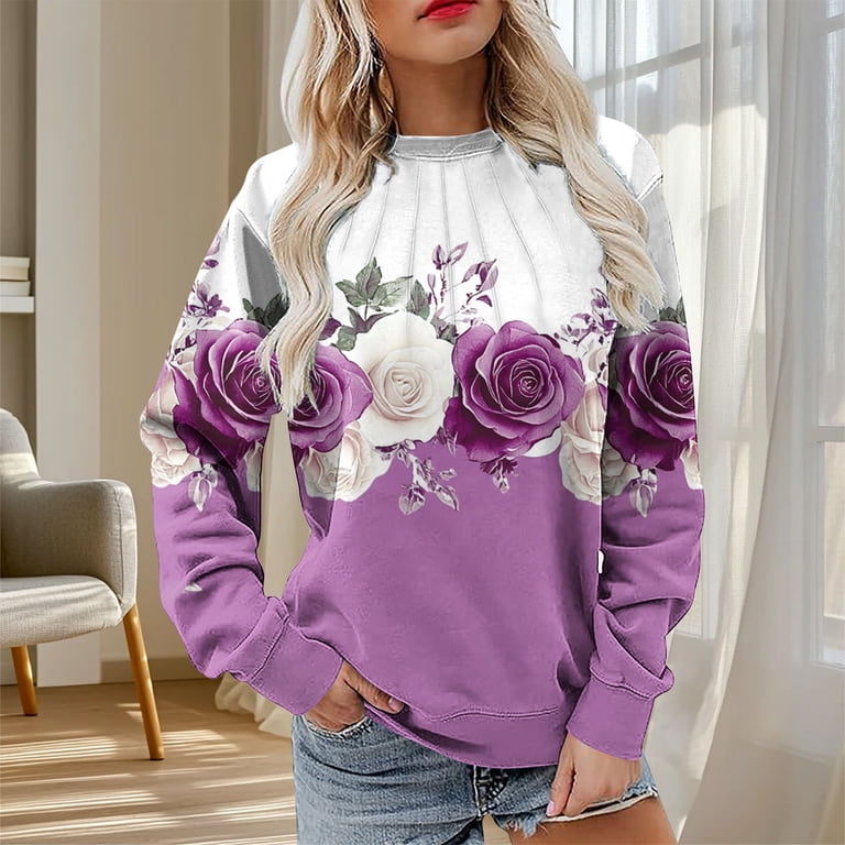 ITSAME Womens Sweatshirt, Pleated Crewneck Floral Graphic Long