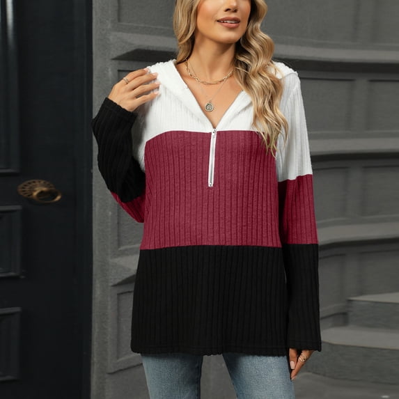 ITSAME Womens Sweatshirt with Hooded, Super Soft Color Block Zipper Casual Fashion Knitted Tops Wine XL