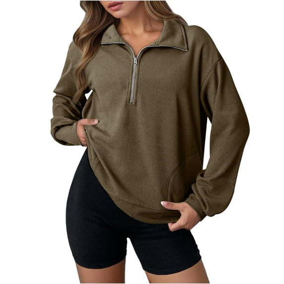 ITSAME Womens Sweatshirt with Zipper, Active Fit Long Sleeve Fashion Gradient Fall Winter Fashion Tops Khaki XL