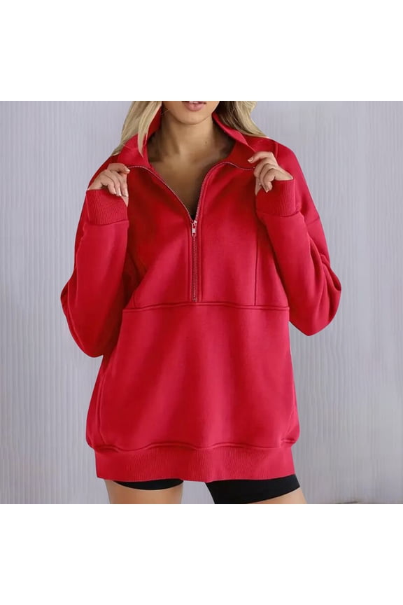 Womens Sweatshirts, Active Fit Solid Zipper Collar Long Sleeve Fashion Pullover Tops Red M