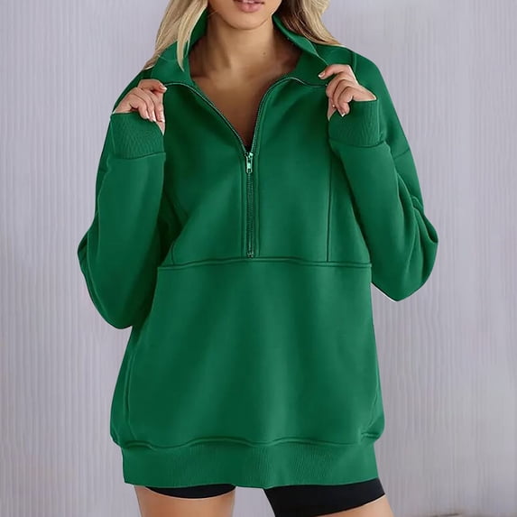 ITSAME Womens Sweatshirts, Zipper Collar Active Fit Solid Long Sleeve Fashion Pullover Tops Green M
