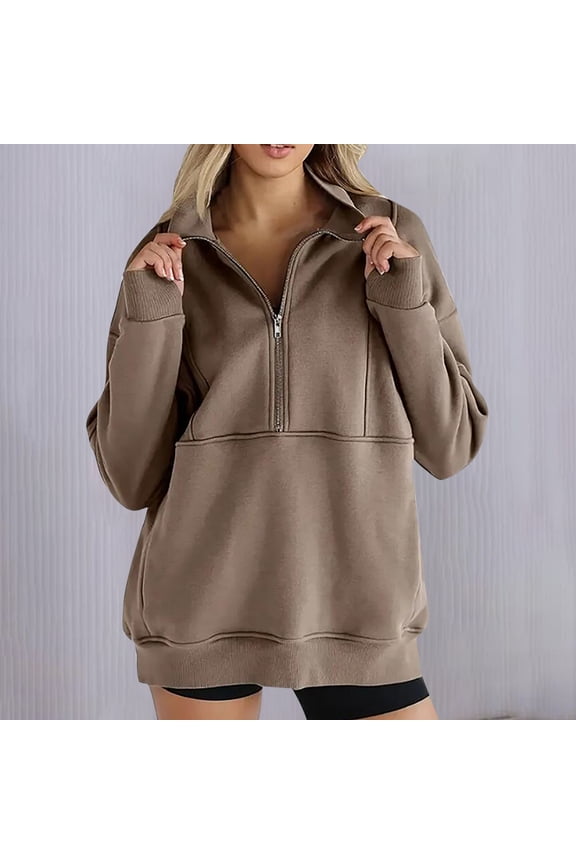 Womens Sweatshirts, Zipper Collar Long Sleeve Active Fit Solid Fashion Pullover Tops Brown M