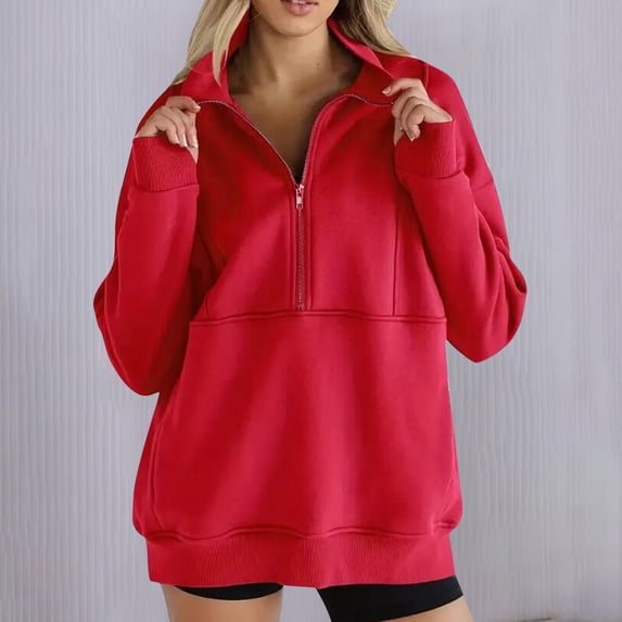 ITSAME Womens Sweatshirts, Zipper Collar Long Sleeve Active Fit Solid Fashion Pullover Tops Red 2XL