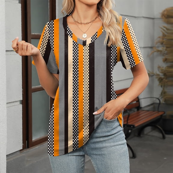 ITSAME Womens T-Shirt, V Neck Short Sleeve Striped Polka Dot Summer Casual Blouse Multicolor L