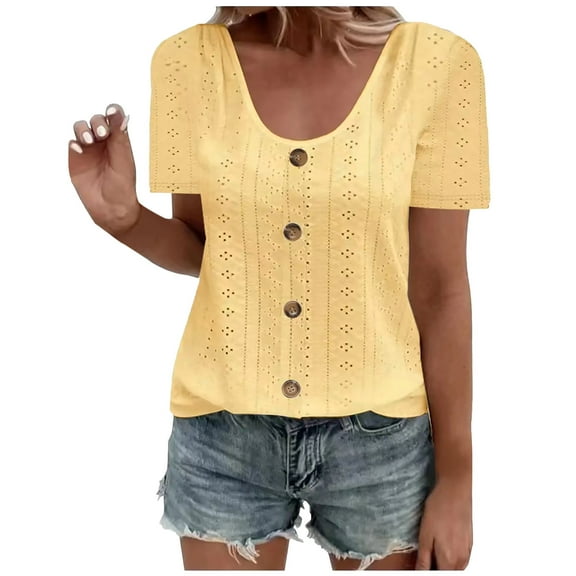 ITSAME Womens T-Shirts, Crewneck Short Sleeve Solid Color Buttons Casual Daily Tees Yellow 2XL