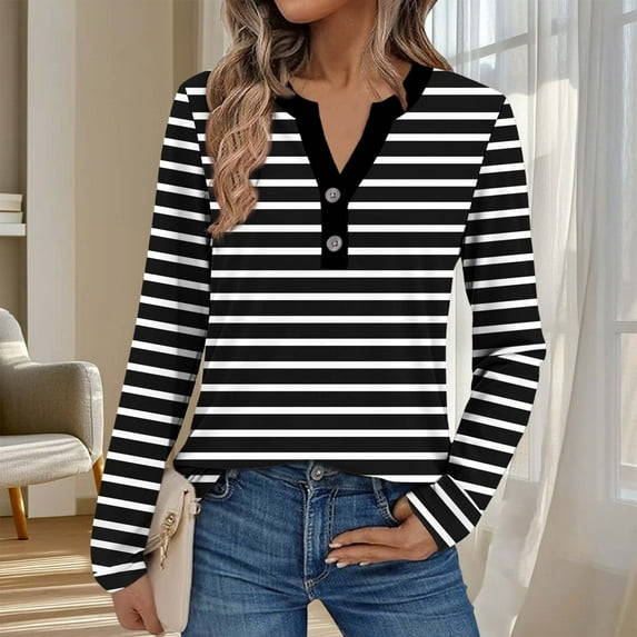 ITSAME Womens T-Shirts with Long Sleeve, Button V-Neck Fashion Striped Loose Pullover Ladies Casual Tops Black M