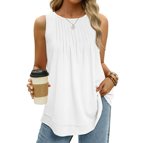 ITSAME Womens Tank Tops, Crew Neck Curved Hem Pleated Loose Fit Casual Cami Blouses White L