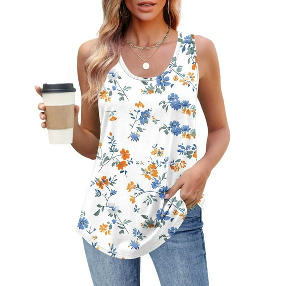 ITSAME Womens Tank Tops, Crew Neck Sleeveless Floral Summer Casual Loose Blouses Multicolor M