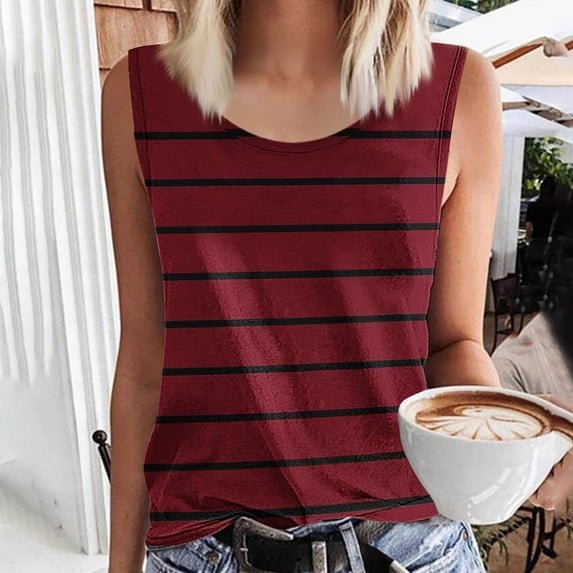 ITSAME Womens Tank Tops, Crew Neck Sleeveless Striped Summer Loose Fit Blouse Red 5XL