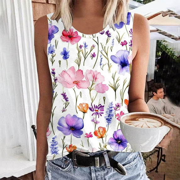 ITSAME Womens Tank Tops, Floral Plus Size Sleeveless Summer Loose Casual Tees Multicolor 4XL