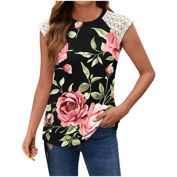 ITSAME Womens Tank Tops, Floral Sleeveless Lace Crew Neck Summer Casual Loose Basic Tops Black M