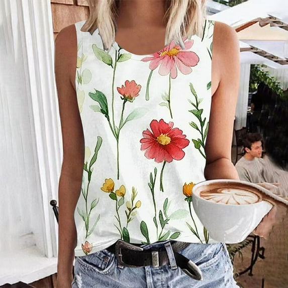 ITSAME Womens Tank Tops, Floral Sleeveless Plus Size Loose Fit Casual Tees Multicolor 2XL