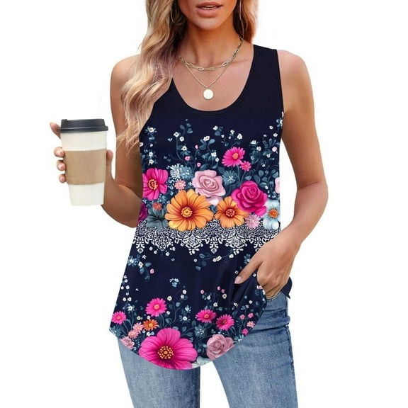 ITSAME Womens Tank Tops, Floral Sleeveless Scoop Neck Summer Casual Loose Shirts Multicolor 3XL