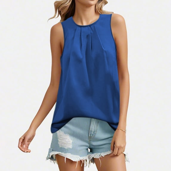 ITSAME Womens Tank Tops, Loose Fit Sleeveless Pleated Round Neck Summer Casual Cami Tees Blue S