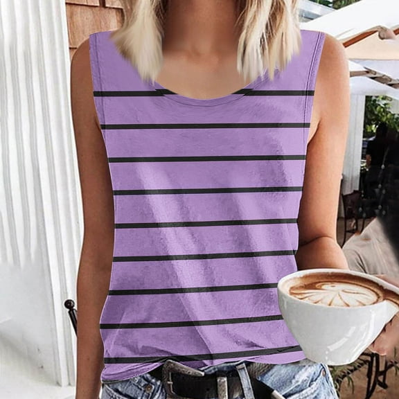 ITSAME Womens Tank Tops, Sleeveless Crew Neck Striped Summer Loose Fit Blouse Purple 2XL