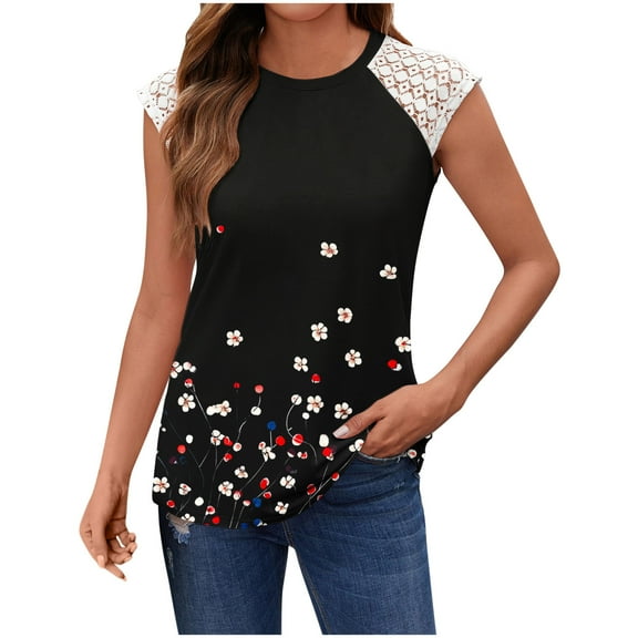 ITSAME Womens Tank Tops, Sleeveless Floral Lace Crew Neck Summer Loose Blouses Black 2XL